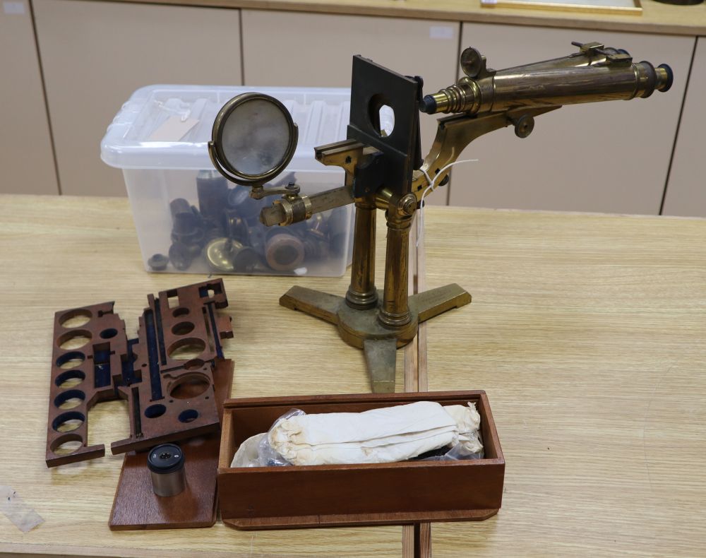 A mid-19th century Smith & Beck binocular microscope, 16 Coleman St, London, with accessories, H 60cm